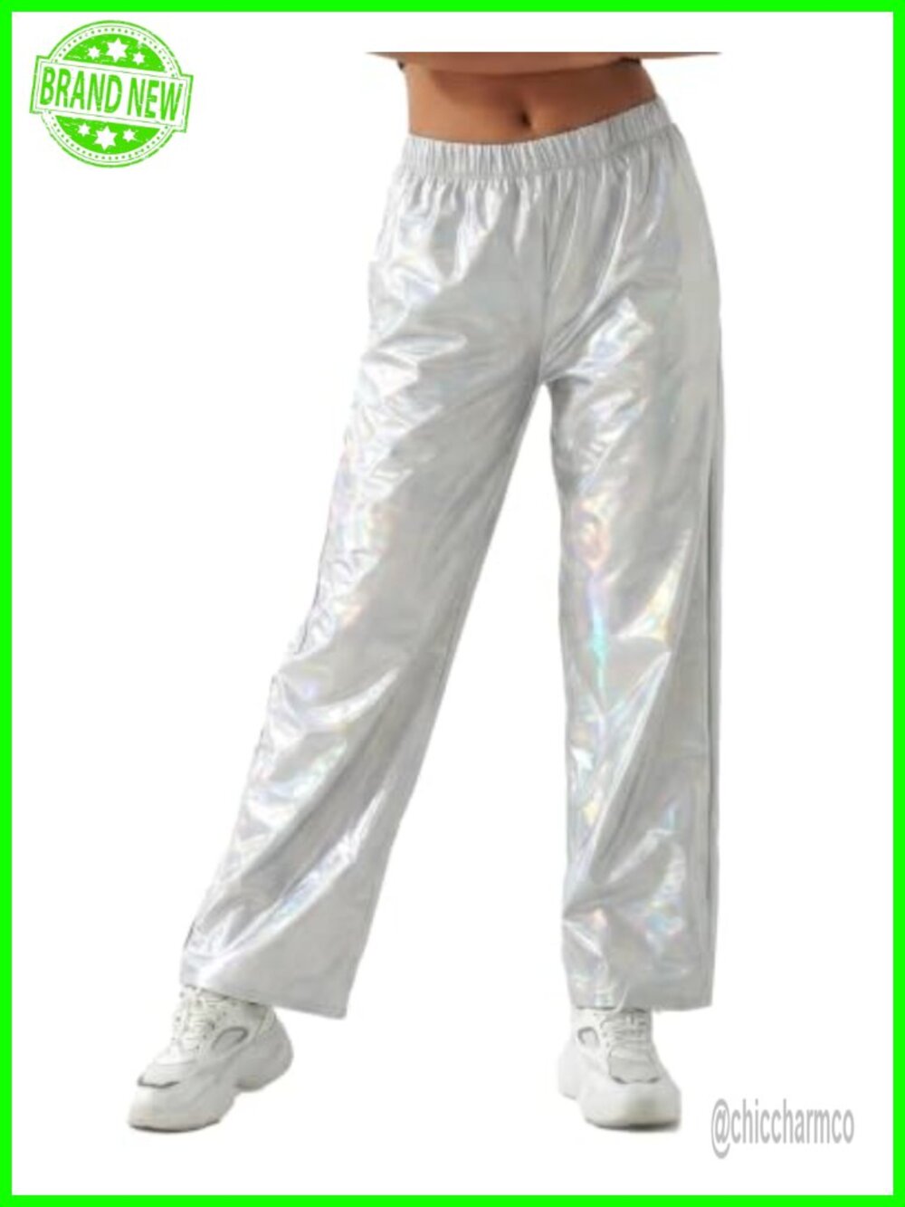 Metallic Silver Shiny Cargo Pants Relaxed Straight Leg Festival Rave
